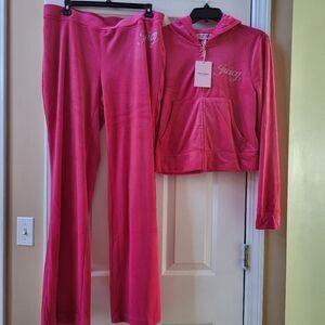 Juicy Couture Velour Vixen Pink Tracksuit 2 Pc Set Hoodie & Pants Size L Large